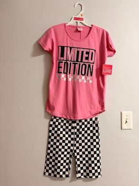 Kids Pink 'Limited Edition' Top with Black & White Check Shorts Pajama Set